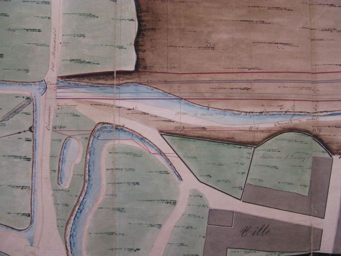 Plan du projet d'amélioration du port de Talmont par l'ingénieur Lessore, 1836 : en rouge, le nouveau chenal..