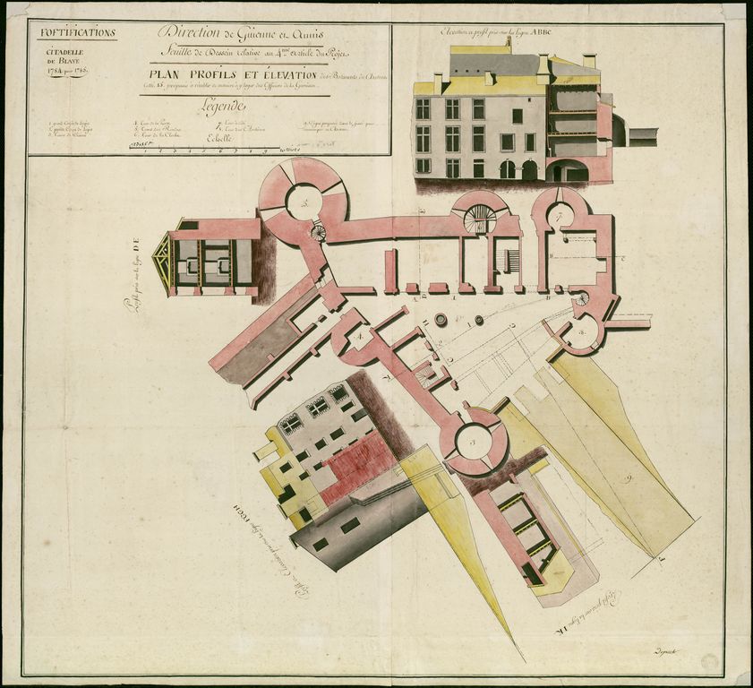 Plan, profils et élévation des bâtiments du château [...] proposés à rétablir de manière à y loger des officiers. Dessin, encre et lavis, par Depuch, 1784.