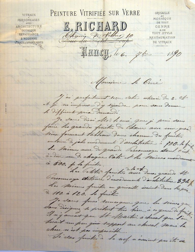 Lettre du verrier nancéien Émile Richard au curé Éloi Foy, communiquant les prix de ses verrières, 6 septembre 1890, début (AP Coudures).