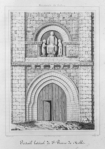 Elévation sud, troisième travée, portail surmonté d'une niche, gravure ancienne.