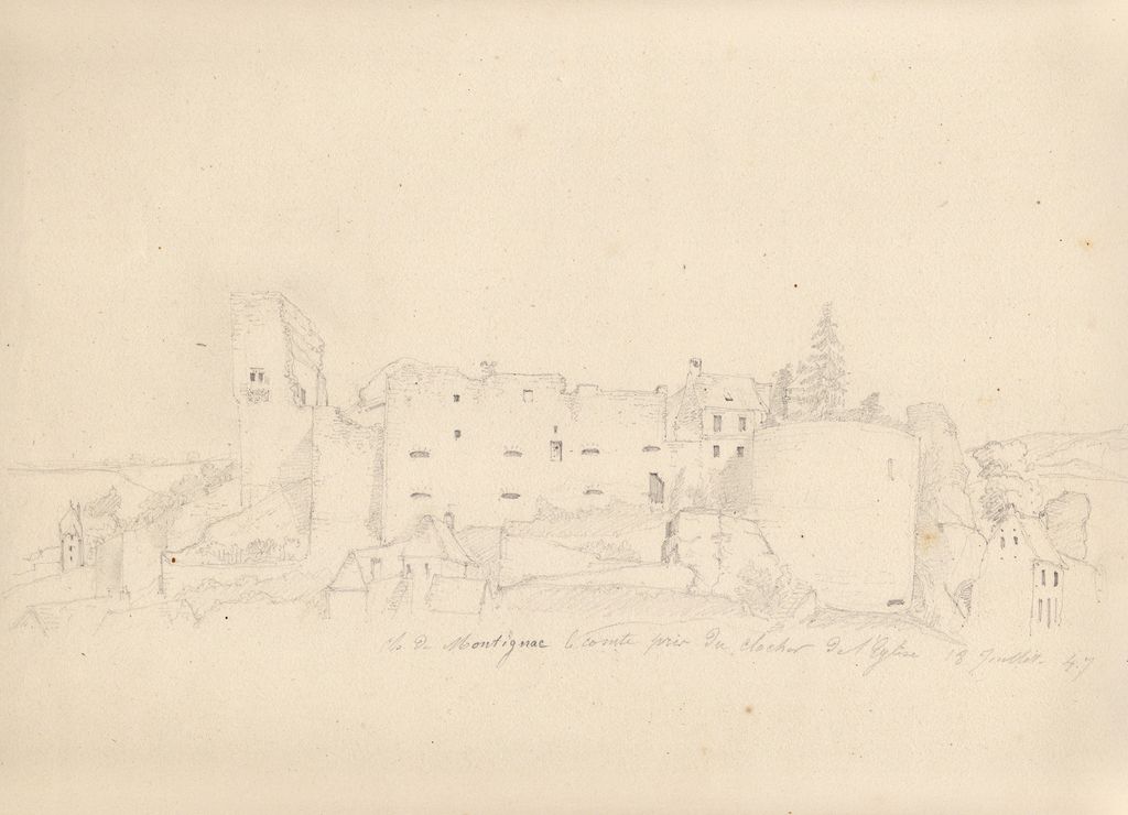 Château de Montignac-le-Comte pris du clocher de l'église, par Léo Drouyn, 1847. Etat avant les lourds travaux du début du 20e siècle.