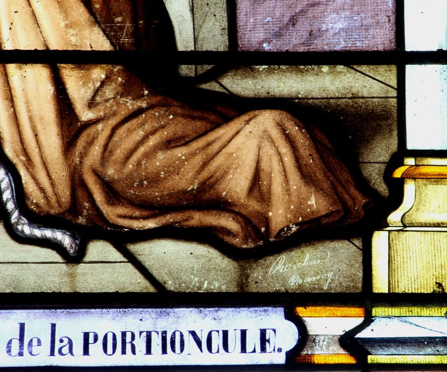 Baie 7 : Saint François recevant l'indulgence de la Portioncule (détail : signature du verrier).