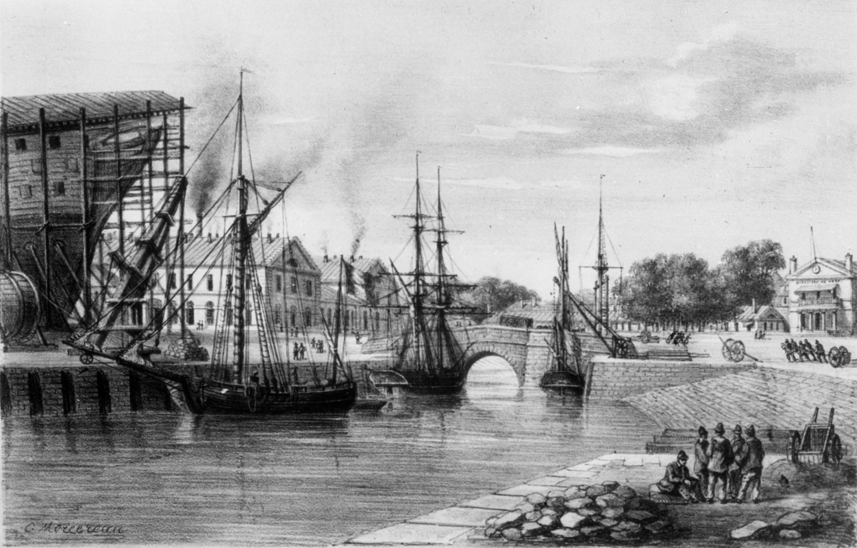 Le chenal et son pont en 1851. Lithographie de Charles Mercereau.