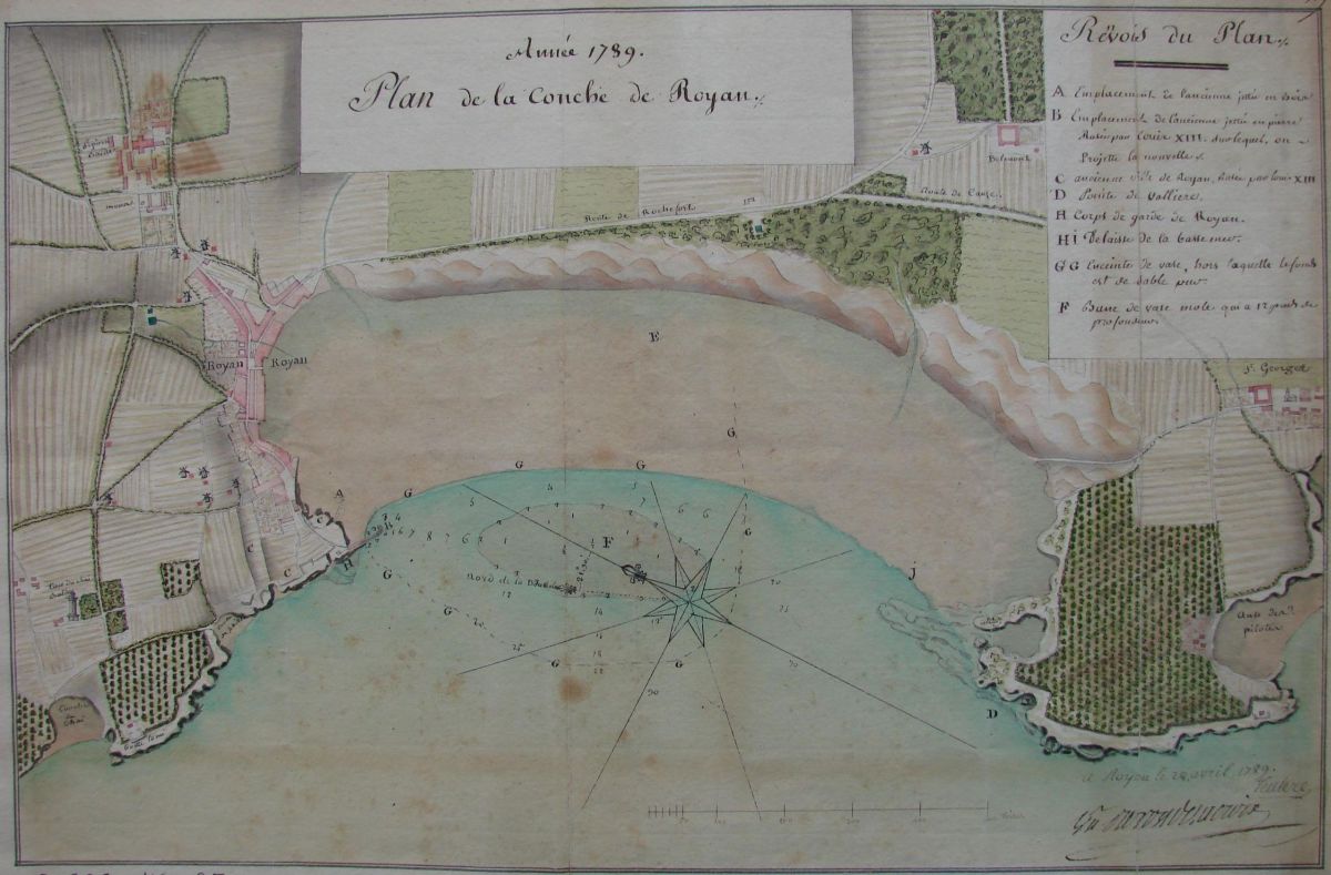 Saint-Georges et Vallières, à droite, sur un plan de la Grande conche de Royan en 1789, par Teulère.