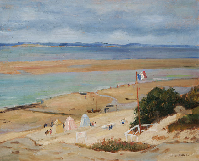 Couloir du premier étage : Arcachon, plage des Abatilles, par Jean Aufort (1898-1988), huile sur carton.