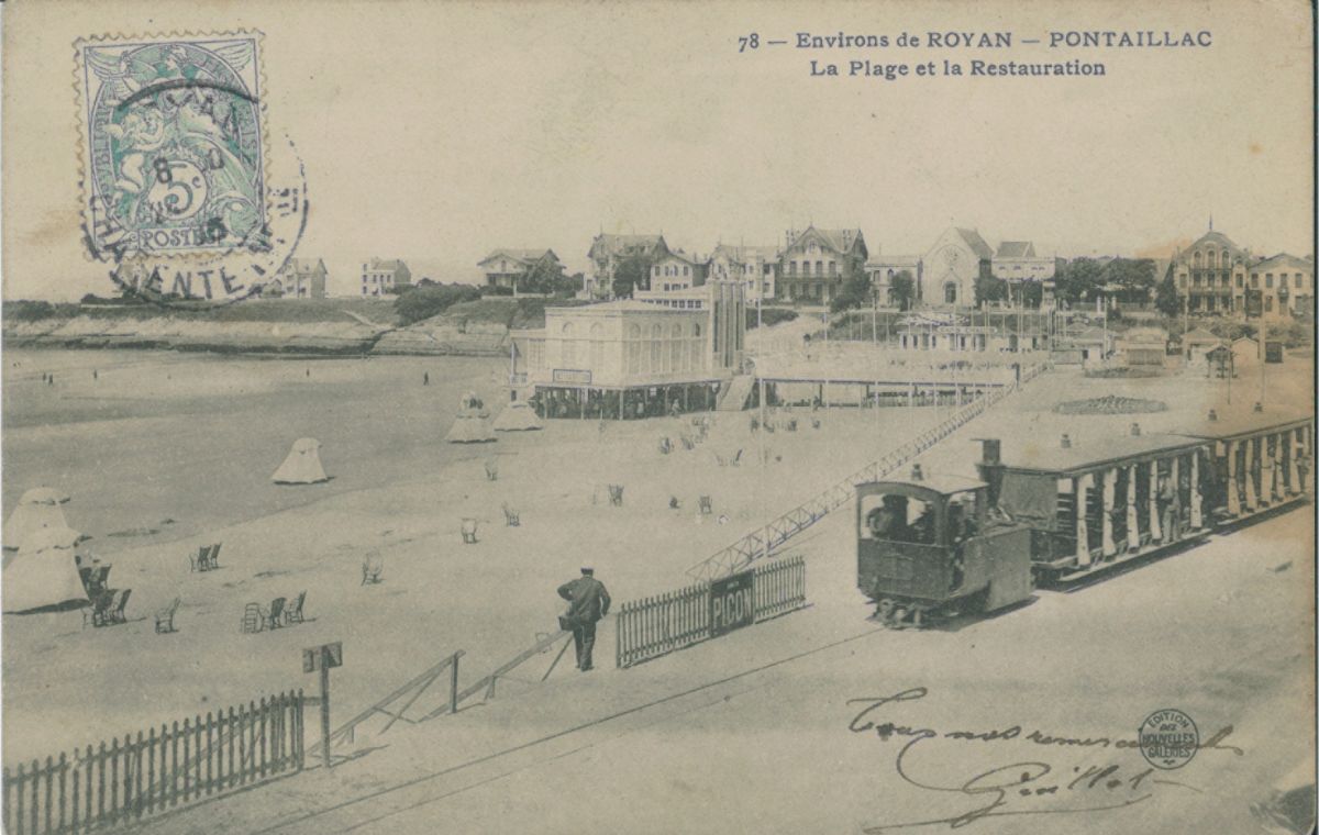 La plage de Pontaillac, longée par le tramway, vers 1900.