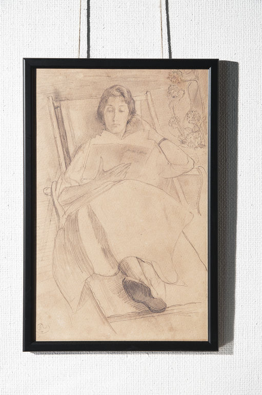 Bureau de François Mauriac : Jeanne Mauriac allongée lisant un recueil de poèmes d'André Lafon, dessin au crayon, 1915 (?).