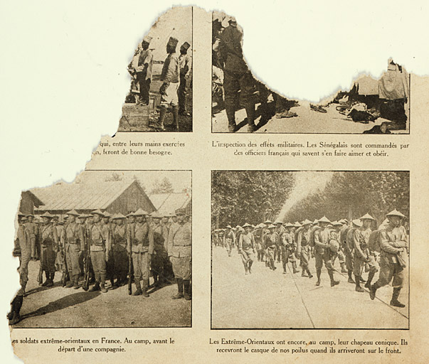 Photographies, conservées dans l'atelier, de soldats sénégalais et d'Extrême-Orient engagés dans la Première Guerre mondiale.
