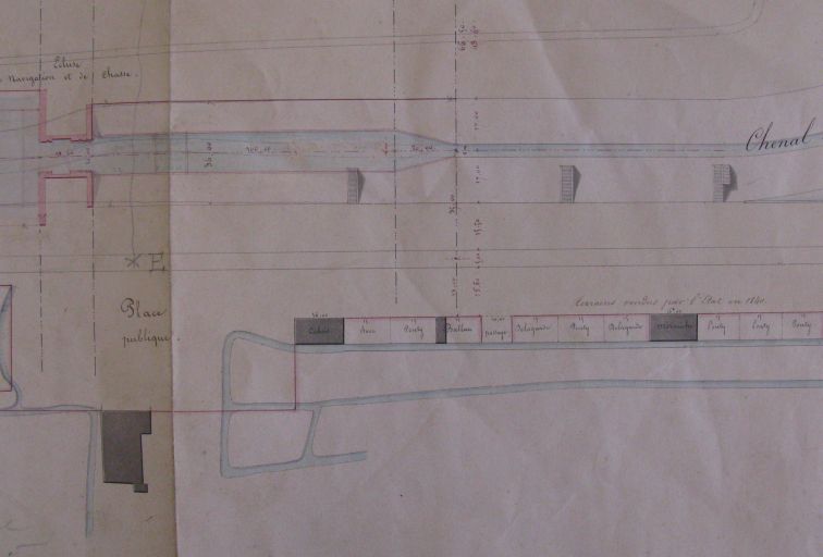Extrait du plan d'aménagement du port de Mortagne par l'ingénieur Potel en 1844 : premières constructions sur la rive droite au-delà de la place publique.