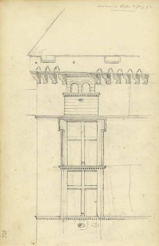 Travée de fenêtres éclairant l'escalier principal au sud, dessin d'Anatole Rouméjoux, 2 juin 1892 (AD Dordogne, 41 Fi 01, carnet n° 38).