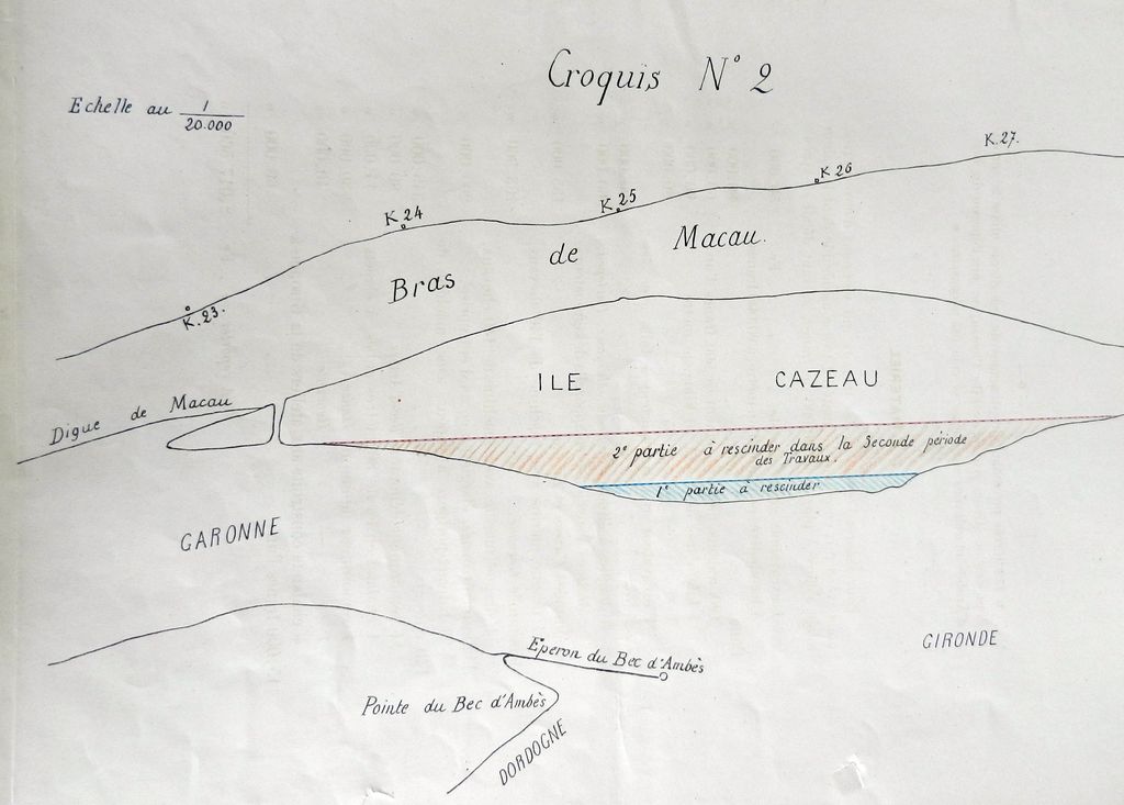 Rescindement de l'île Cazeau. Croquis n° 2 extrait du Mémoire adressé aux conseillers du conseil de Préfecture de la Gironde par Vernaudon frères et Cie, 25 mai 1896.