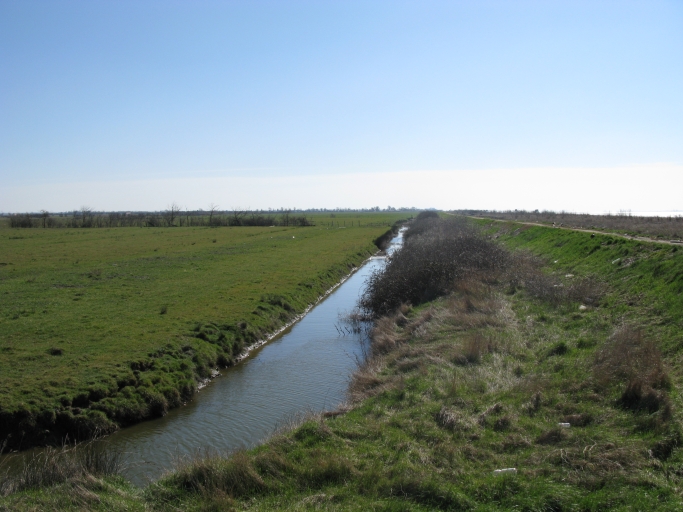 Marais desséchés à gauche, canal d'écoulement au centre, digue parallèle à l'estuaire à droite.