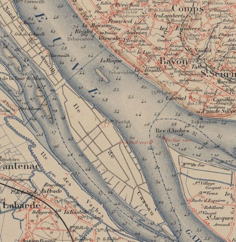 Extrait de l'Atlas du Département de la Gironde, publié en 1888 : île du Nord et île Cazeau réunies.