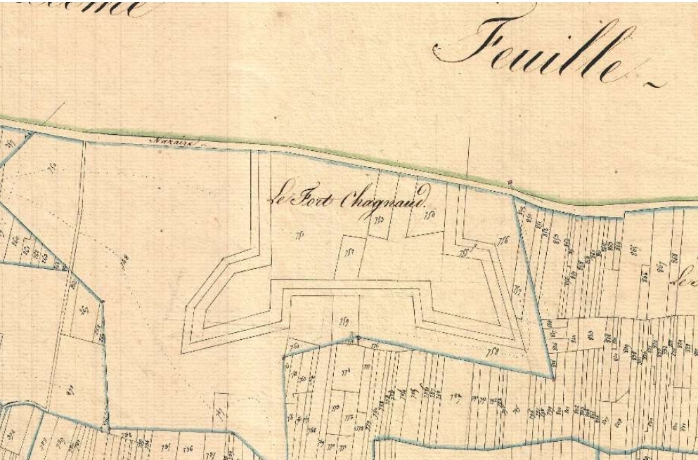La partie sud de l'emplacement du fort Chagnaud sur le plan cadastral de Saint-Nazaire-sur-Charente de 1824, section D1.