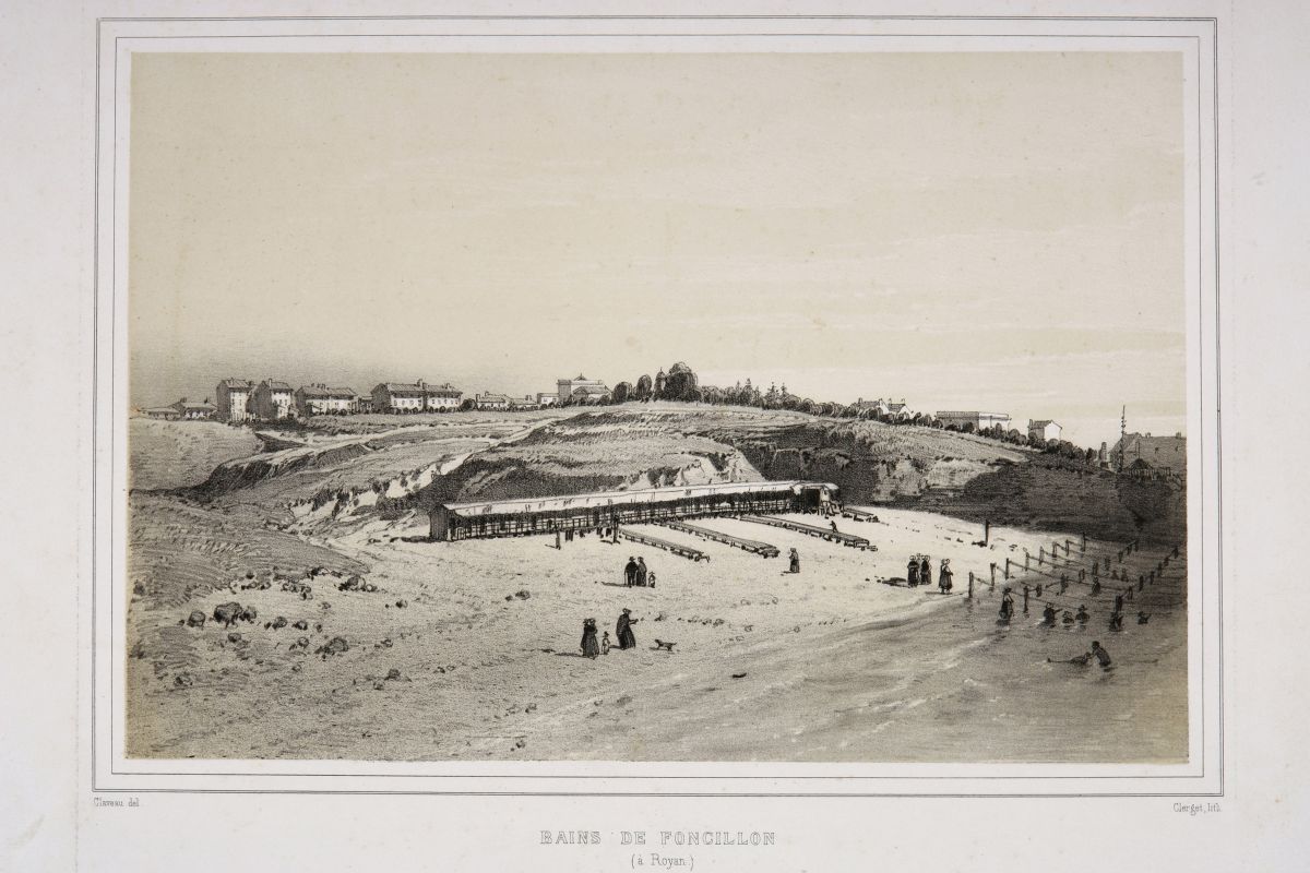 Premières cabines de bains à Foncillon en 1855, lithographie par Claveau.