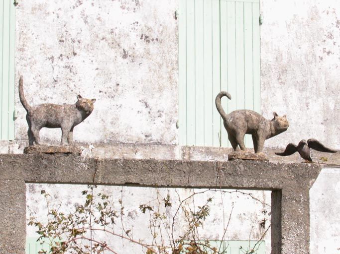 Statues de chats et d'oiseau perchées sur un portique.