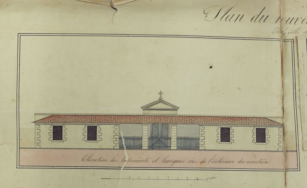 Plan du nouveau cimetière, par le chevalier de Caupenne, 1832 (AM Dax, 9 M 101) : détail du bâtiment de l'entrée.