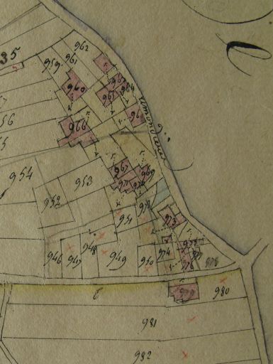 Les parcelles 967 à 971, au centre, sur le plan cadastral de 1832.