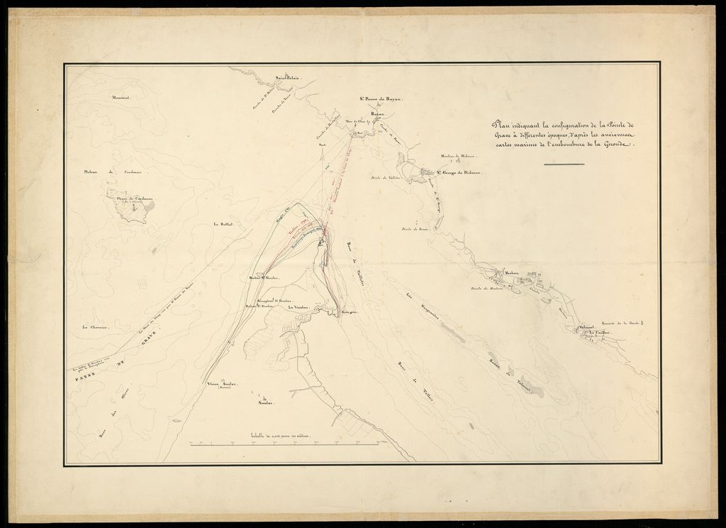 Plan indiquant la configuration de la pointe de Grave à différentes époques, d'après les anciennes cartes marines de l'embouchure de la Gironde, s.d. [1843?].