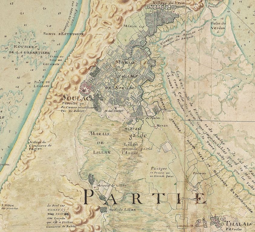 Extrait de la Carte d'une partie du pays de Médoc, levée et dressée par Claude Masse en 1700.