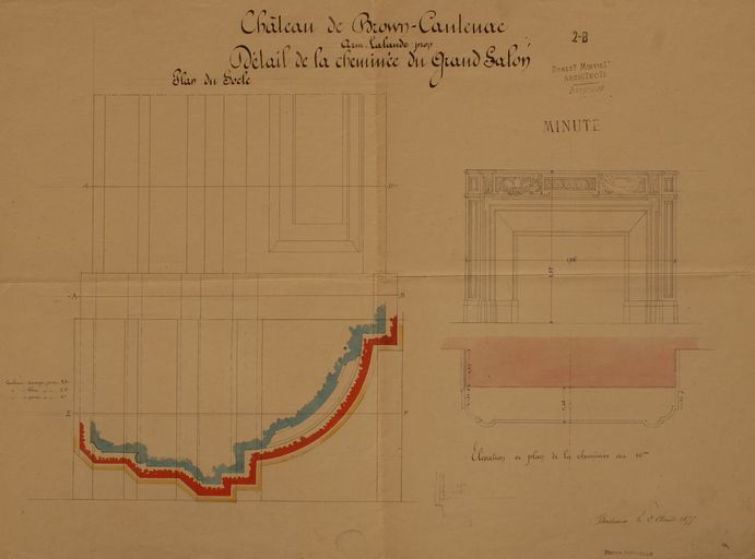 Détail de la cheminée du grand salon. Plan et élévation. Ernest Minvielle (architecte), 2 août 1877.