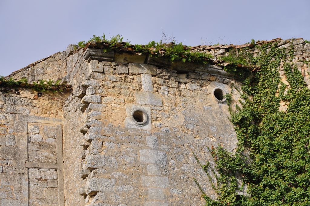 Corps de logis, élévation nord-est : détail des parties hautes avec corniche et coulus.