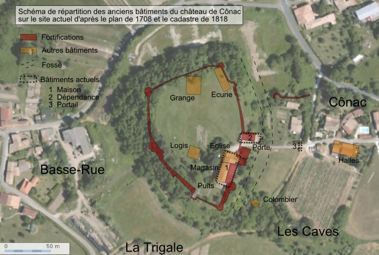 Schéma de répartition des anciens bâtiments du château de Cônac.