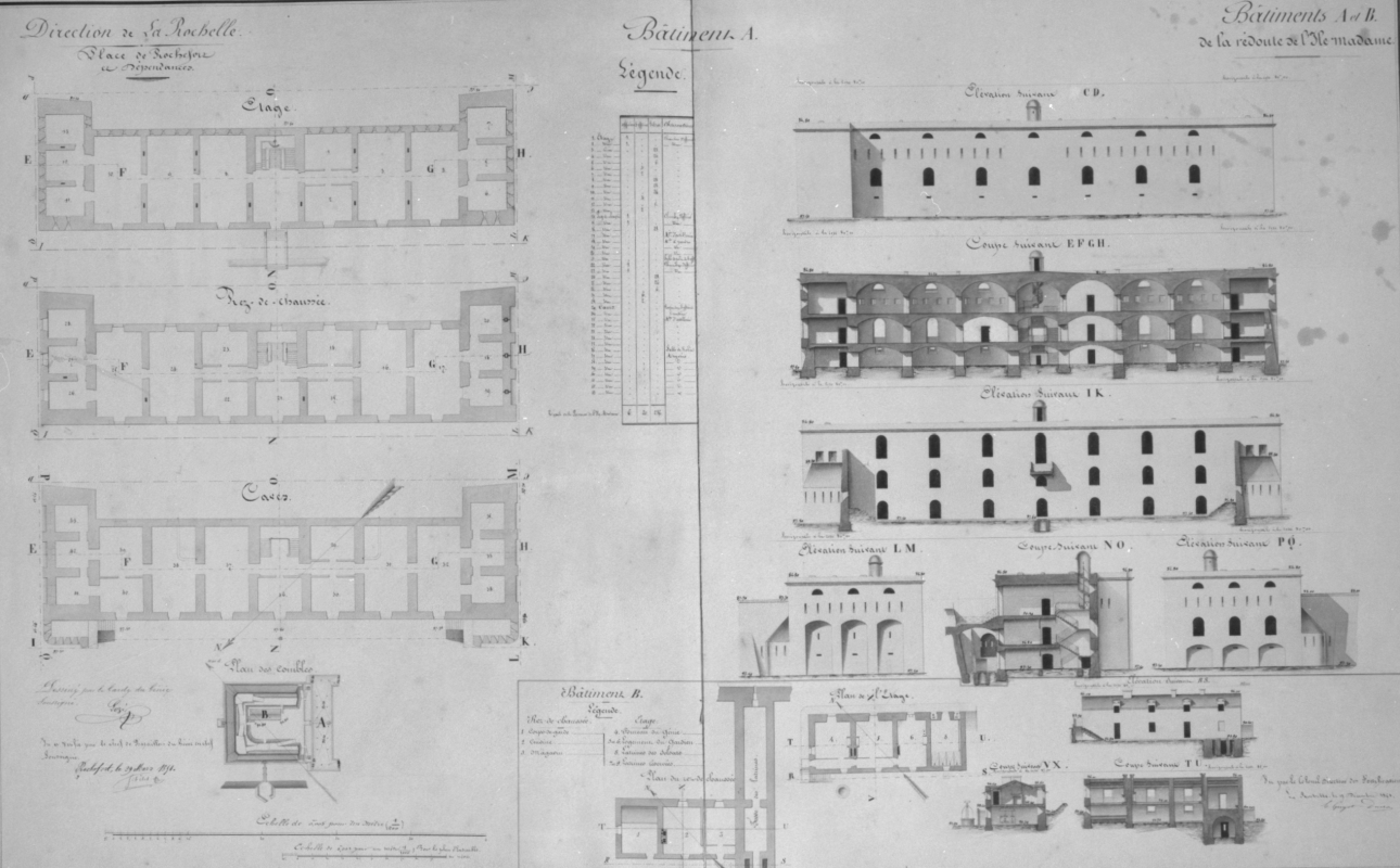 Plans, élévations et coupes de la caserne de défense et du corps de garde du fort, 1851. 