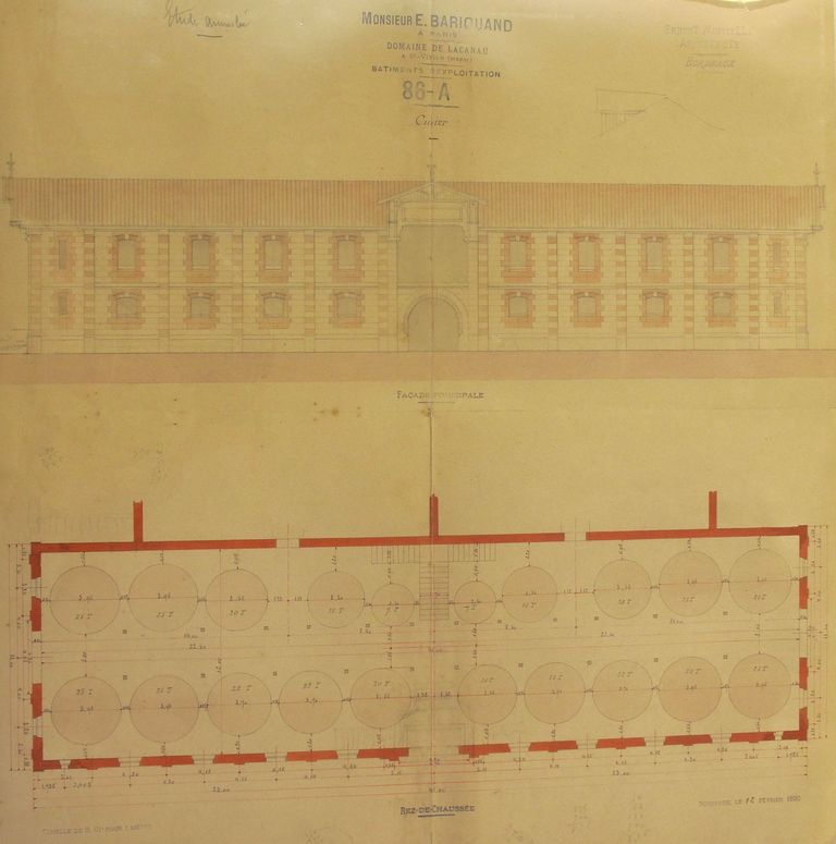 Domaine de Lacanau : bâtiments d'exploitation, cuvier, façade principale et plan du rez-de-chaussée, [étude annulée], 12 février 1890.