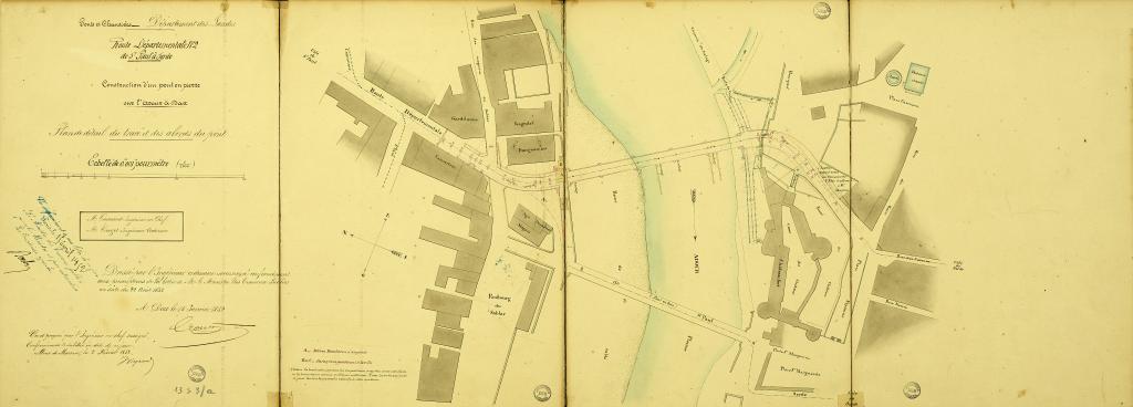 Plan du tracé de l'ancien et du nouveau pont. Henri Crouzet, ingénieur des ponts et chaussées, 1852.