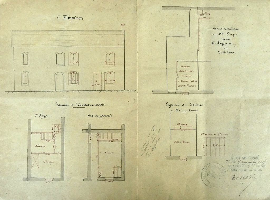 Élévation et plan au sol du logement des instituteurs, 1903, Lhuillier.