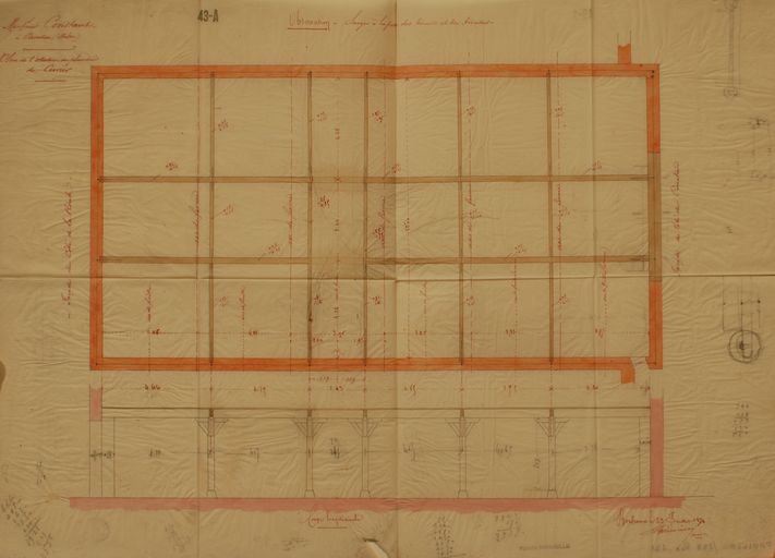 Plan et coupe de l'ossature du plancher du cuvier de M. Constant, par Ernest Minvielle, 23 juillet 1871.
