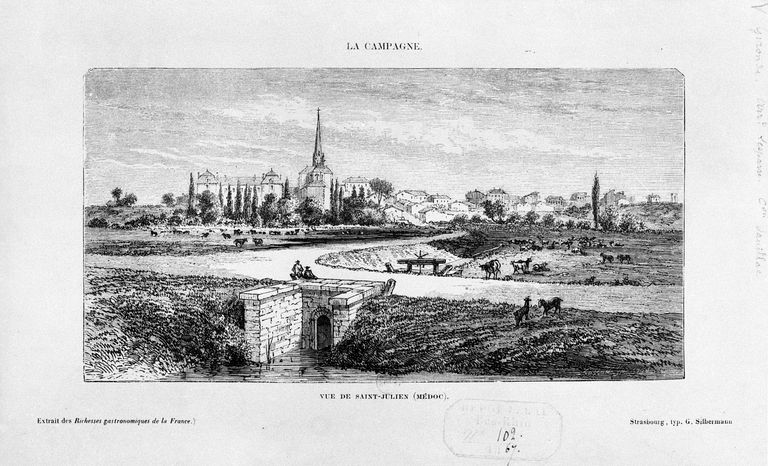 Vue du village de Saint-Julien depuis le port, gravure vers 1868.