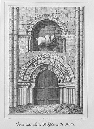 Élévation nord, septième travée, portail et niche avec un cavalier, gravure d'Antoine Baugier, 1843.