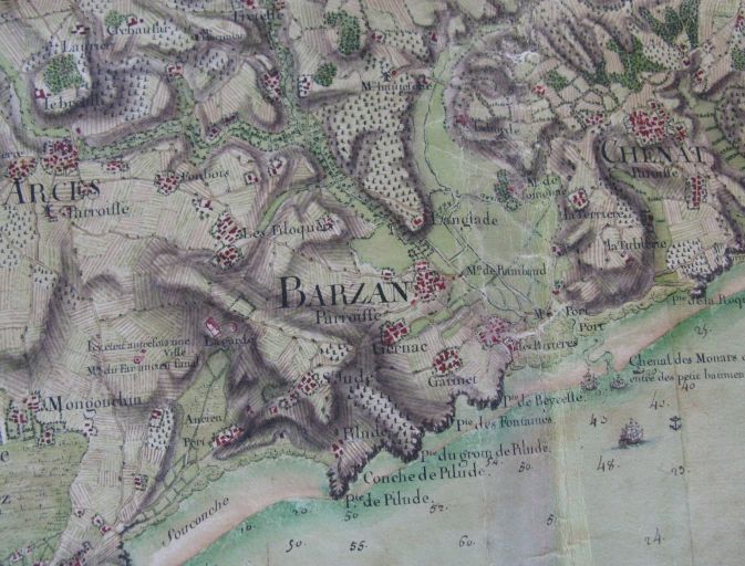 Barzan sur la carte de l'estuaire de la Gironde par Desmarais en 1759.
