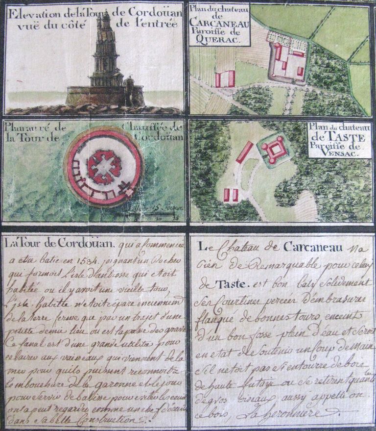 Carte de l'embouchure de la Garonne, 1759 : détail de la vignette représentant le phare.