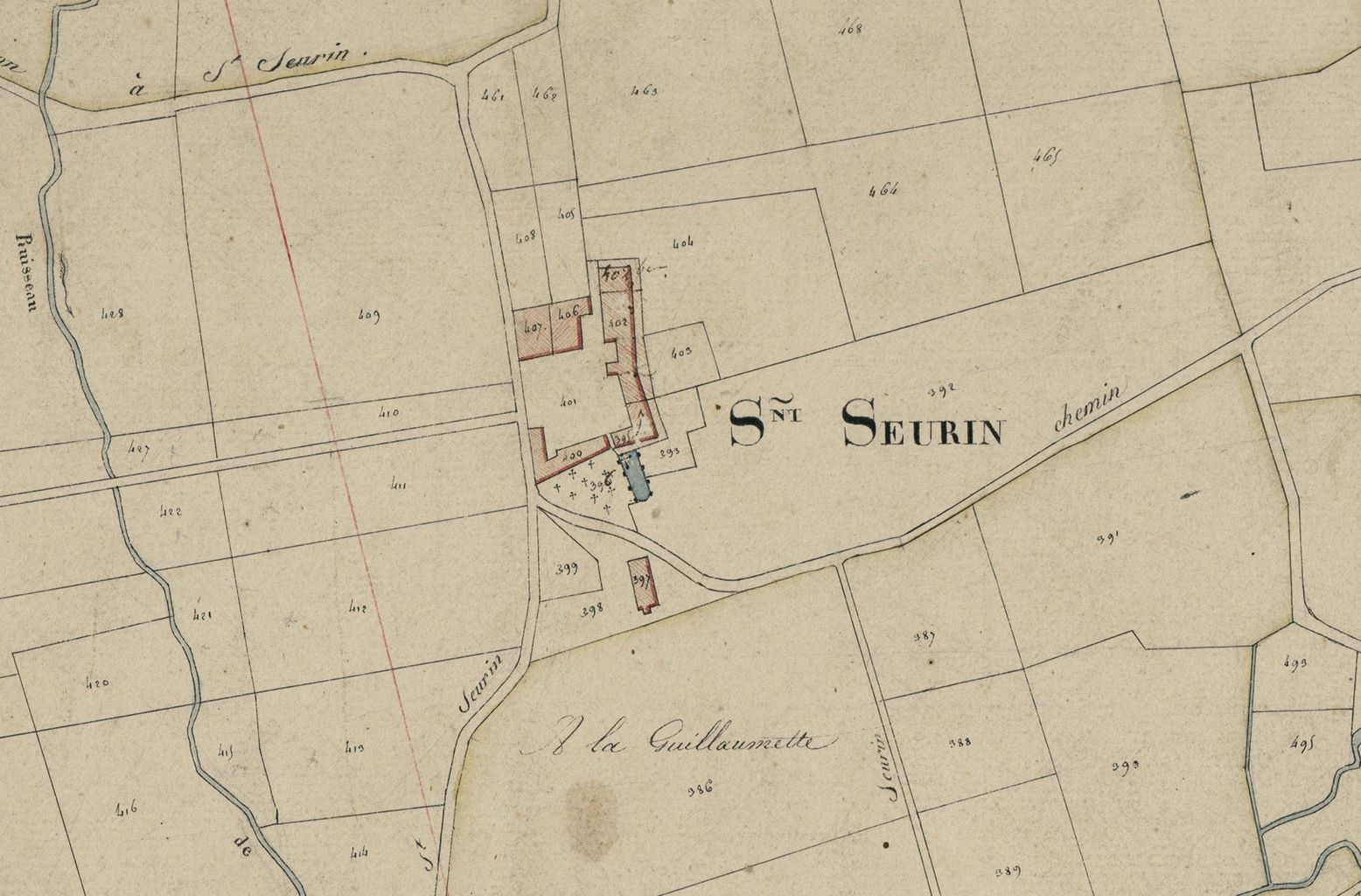Extrait du plan cadastral, ancien bourg, 1821.