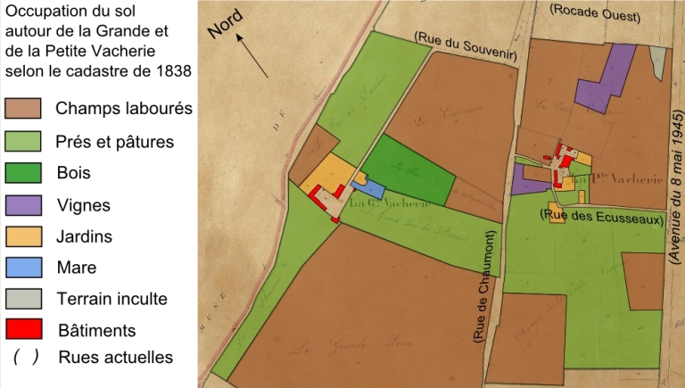 Occupation du sol autour de la Grande et de la Petite Vacherie selon le cadastre de 1838.