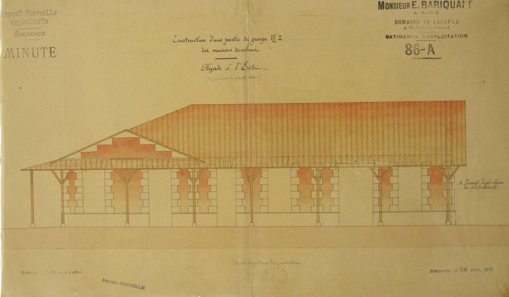Domaine de Lacanau : bâtiments d'exploitation, construction d'une partie du groupe n°2 des maison de colons, façade à l'est, 24 avril 1890.