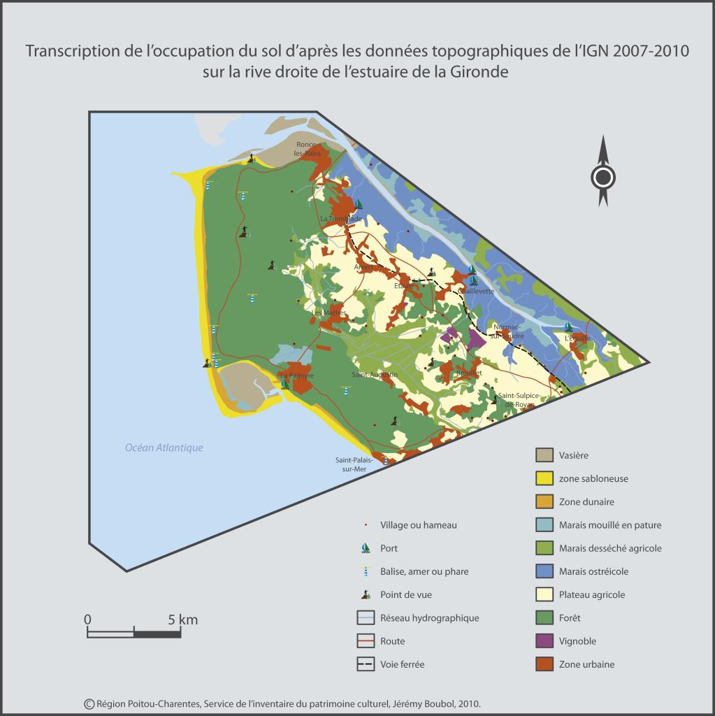 Transcription de l’occupation du sol sur la presqu’île d’Arvert (zone 1), d’après les données topographiques de l’IGN (2007-2010).