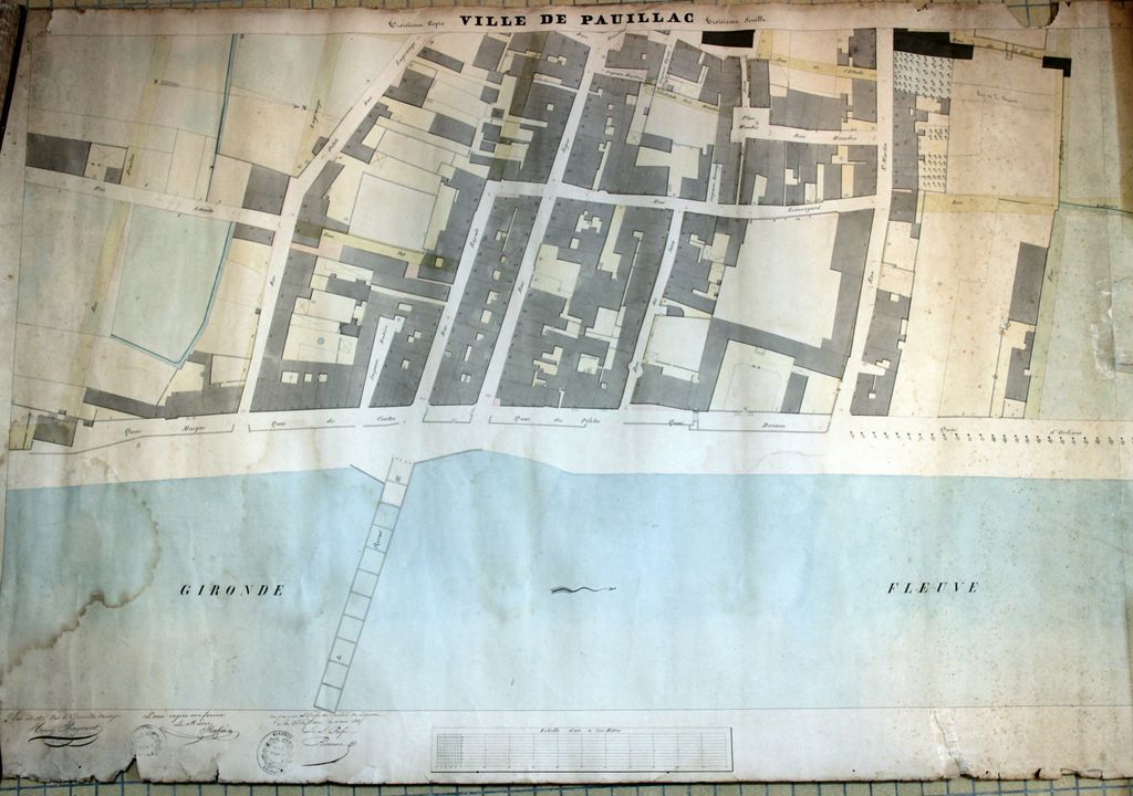 « Ville de Pauillac, troisième feuille, troisième copie ». Papier, encre, lavis, par Henry Bagouet (géomètre), 1835 [AC Pauillac, non coté].