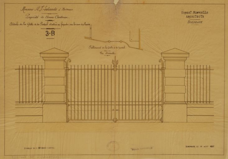 Détail de la grille et du portail d'entrée. Ernest Minvielle (architecte), 16 août 1897.