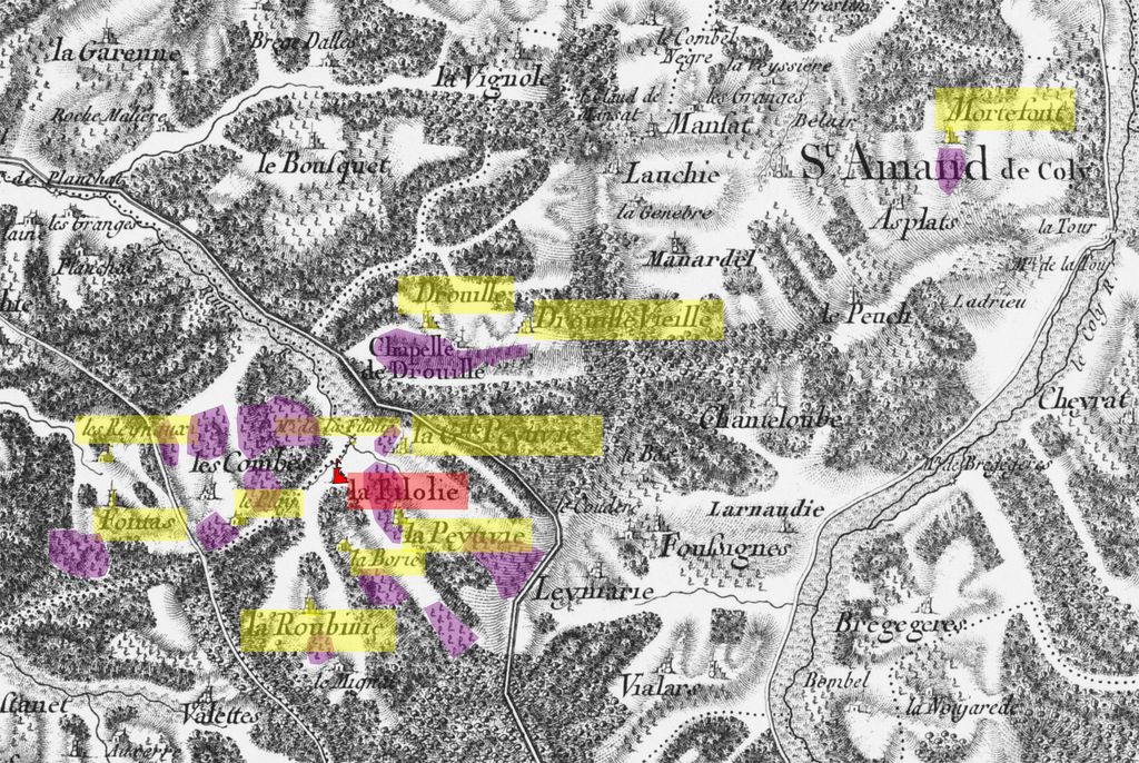 Localisation de La Filolie et des métairies en dépendant mentionnées dans l'inventaire de 1692 sur fond de carte de Belleyme levée en 1768.