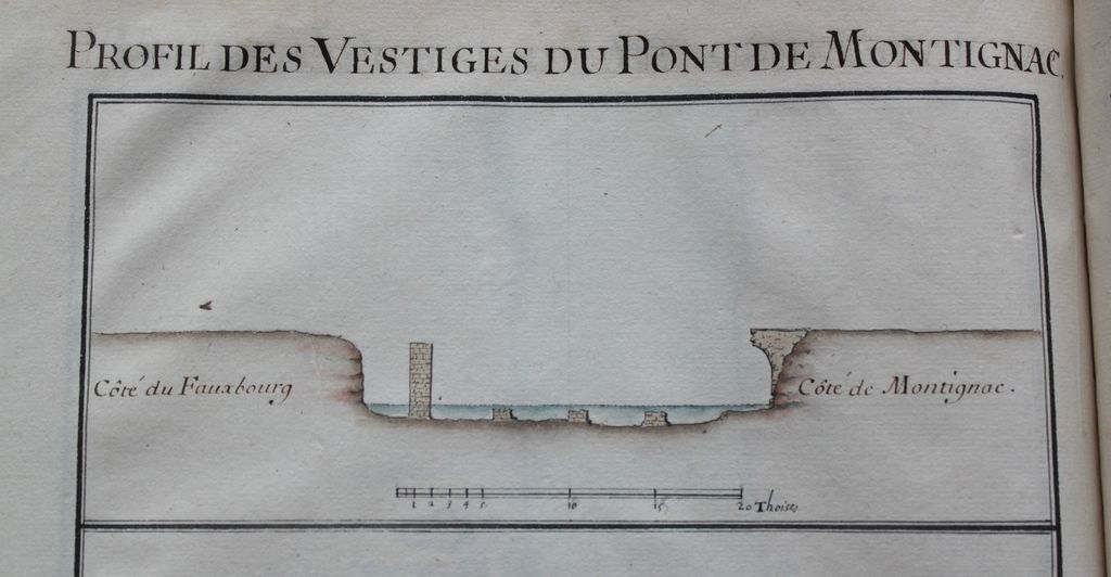 Représentation des vestiges du pont de Montignac vers 1696 ; planche dessinée extraite du recueil levé pour François de Ferry.