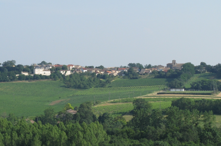 Le bourg au sommet du coteau vu depuis le Merleau au nord.