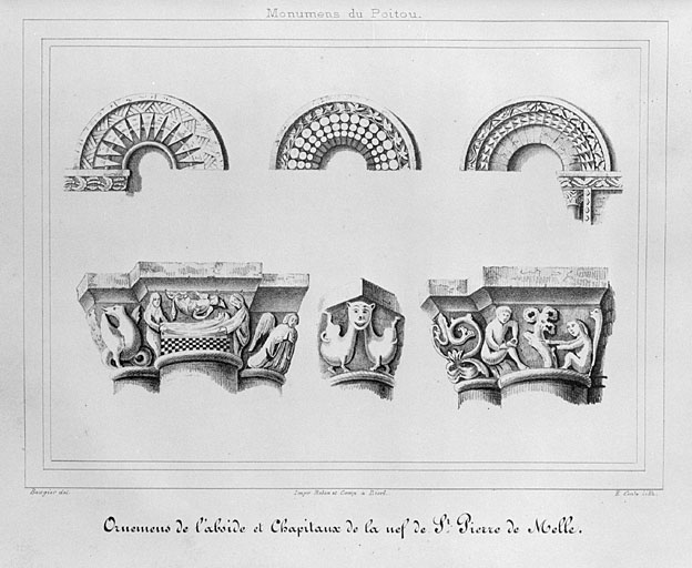 Ornements de l'abside et chapiteaux de la nef, gravure ancienne.