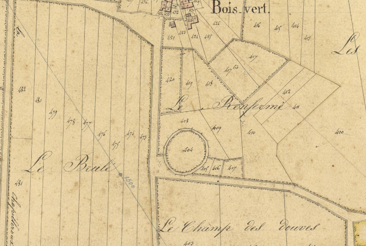 La motte castrale de Bois-Vert est encore signalée par une parcelle circulaire sur le cadastre de 1833 (Section A, 2e feuille).