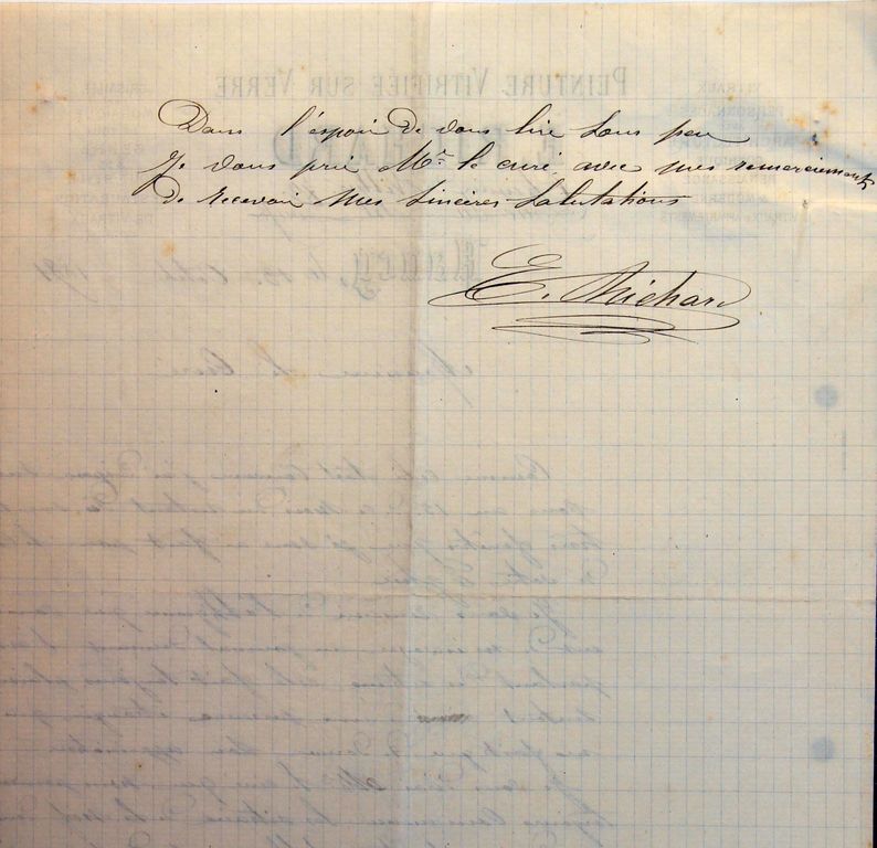 Lettre du verrier nancéien Émile Richard au curé Éloi Foy, évoquant la future commande des verrières de la nef, 13 octobre 1891, fin (AP Coudures).