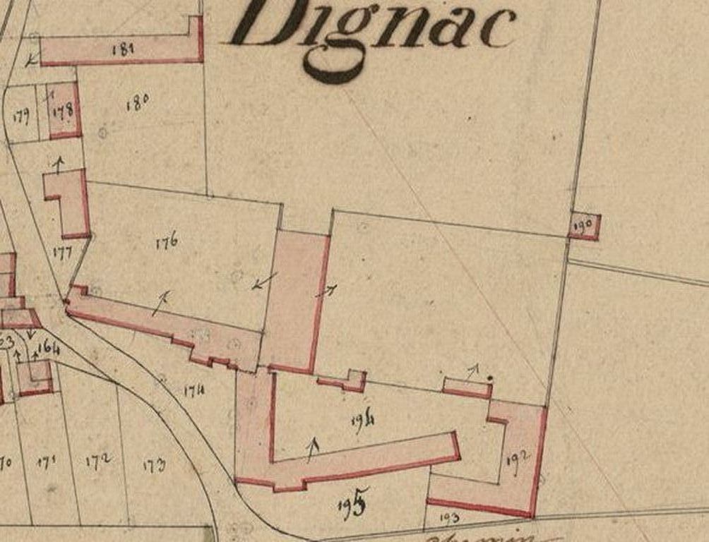 Extrait du plan cadastral de 1833, section B: bâtiments du château Dignac.