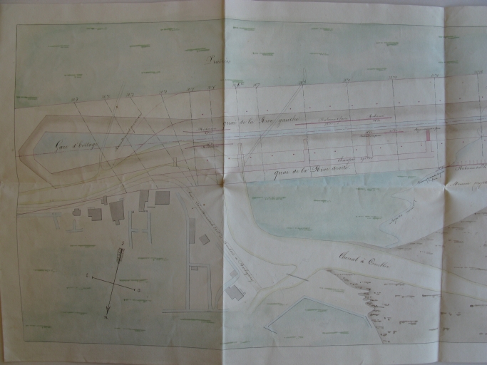 Plan des travaux faits au 30 juin 1843 et de ceux à réaliser, par l'ingénieur Botton, avec creusement d'un nouveau chenal droit et création d'une gare d'évitement.